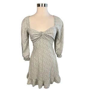 HOLLISTER Green Floral Sweatheart Ruched Babydoll Mini Dress V Neck XS